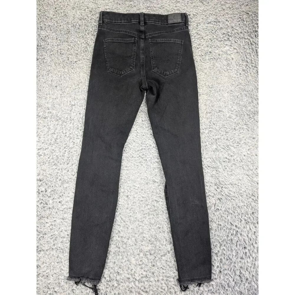 American Eagle Jeans Women 4 Black Distressed Denim Curvy Super Hi Rise Jegging - Picture 2 of 11